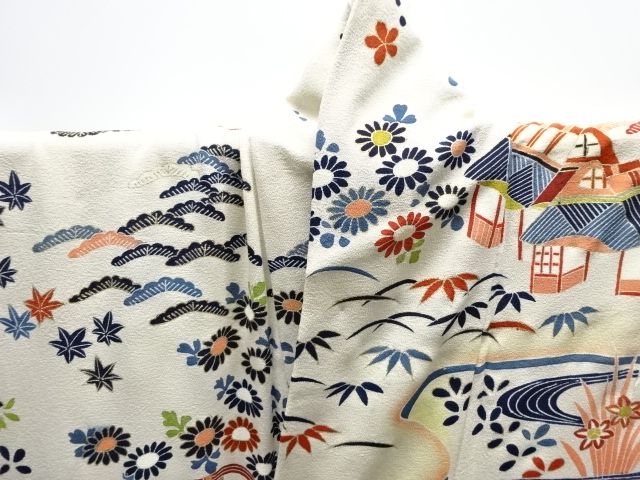  大正ロマン　錦紗流水に家屋風景模様一つ紋着物